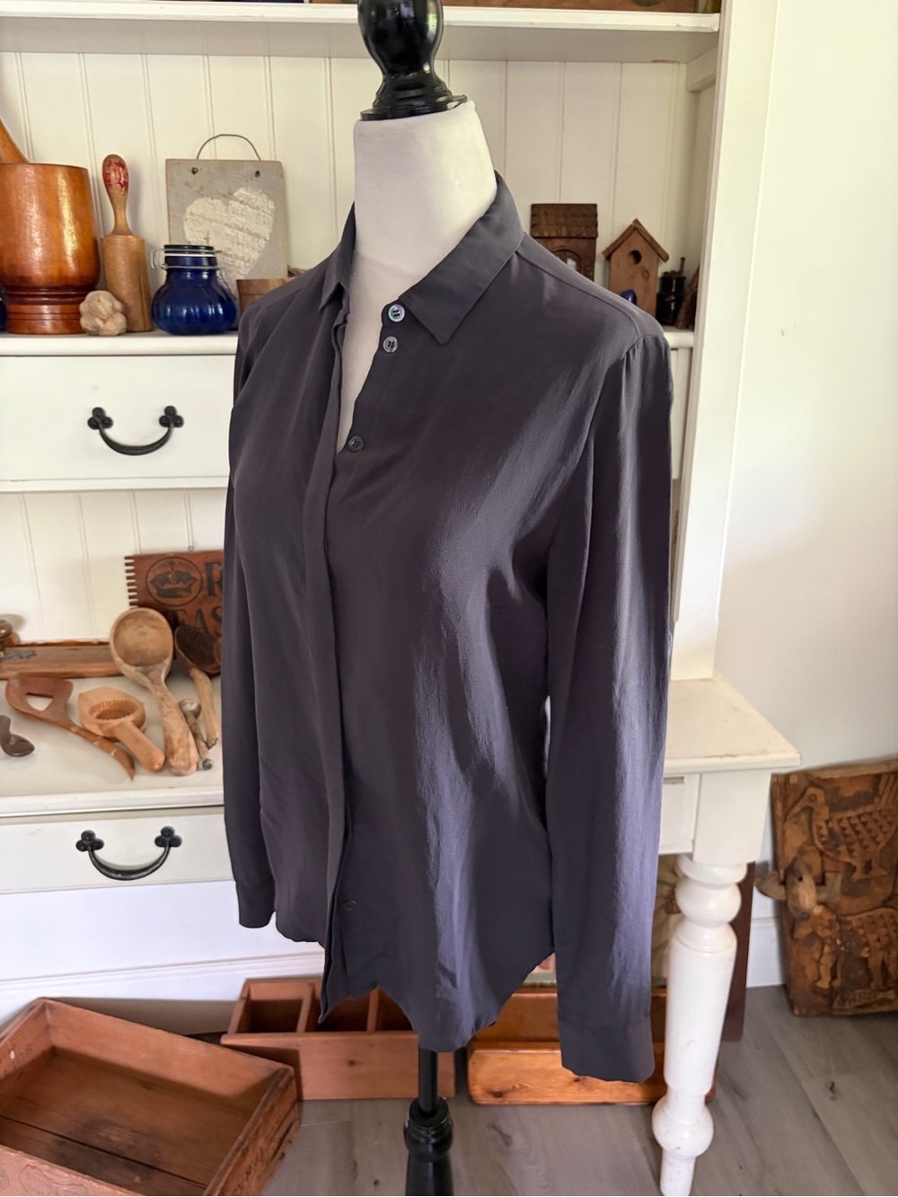 Filippa K Classic Button-Front Long Sleeve Blouse in Slate Gray